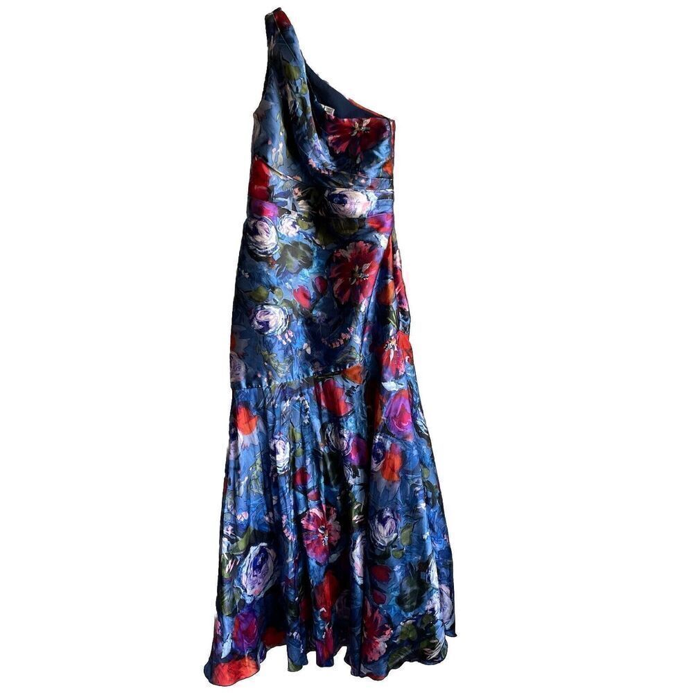 Pamella Roland One-Shoulder Floral Satin Maxi Dress in Blue, Red, Purple